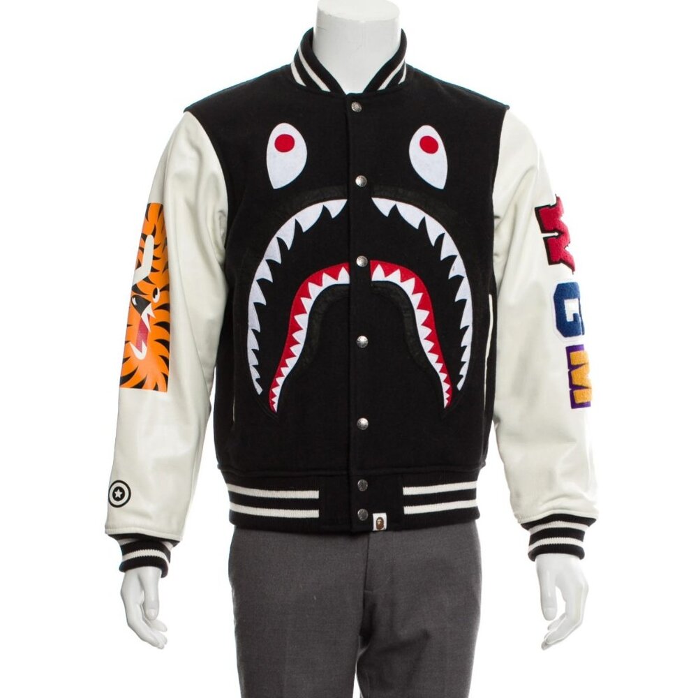 A Bathing Ape Shark Varsity Jacket Youth Size XL Black Tiger WCM Streetwear VTG
